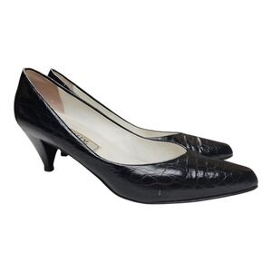 Vintage BALLY Black Croc Embossed Leather Pumps Pointed Toe Kitten Heel 10B